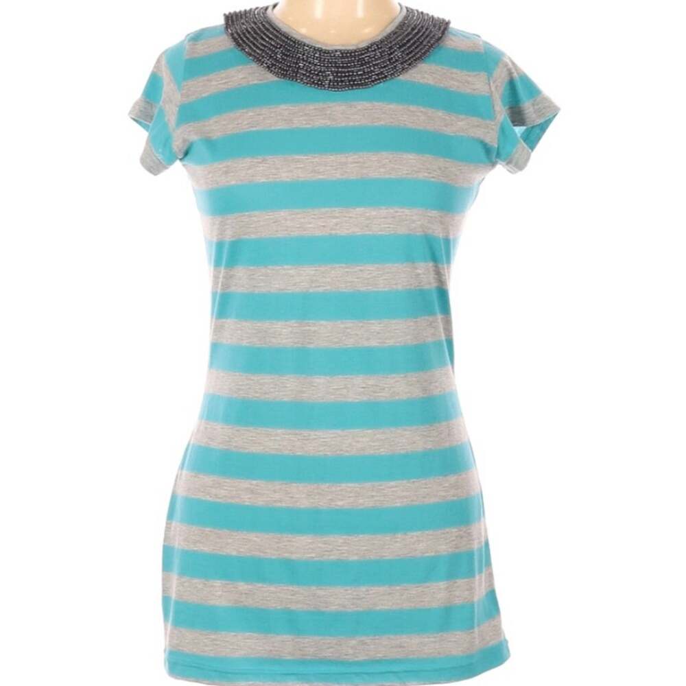Unique casual tee shirt tunic teal & gray stripes beaded collar size L Lynn/Linh